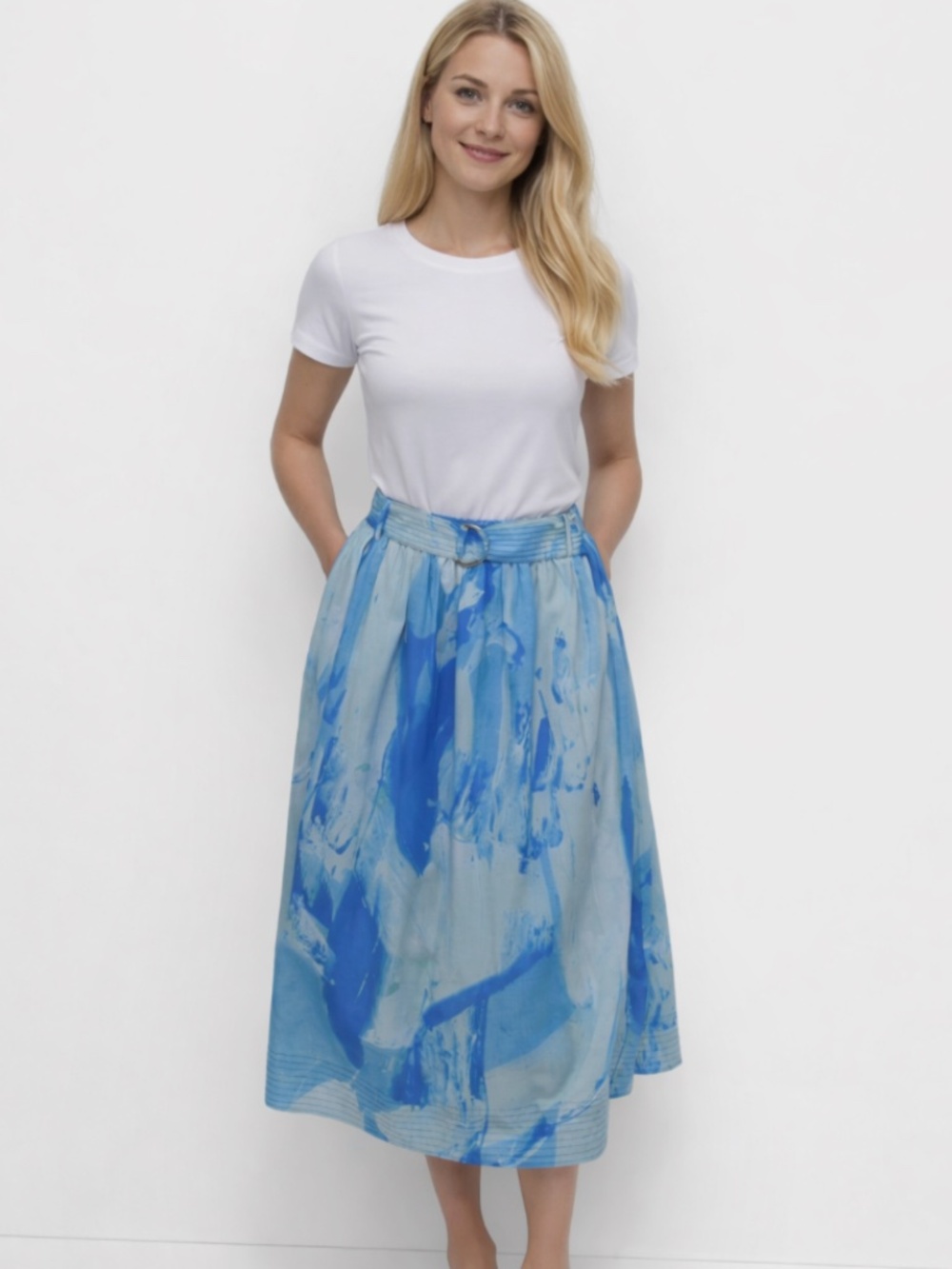 DKNY Women's Printed Belted MIDI Skirt - Maculate Marble NWOT